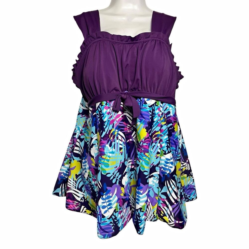 Women’s 2Pc Swimdress Set XXL Purple Tropical Floral Built-In Bra Boy Shorts